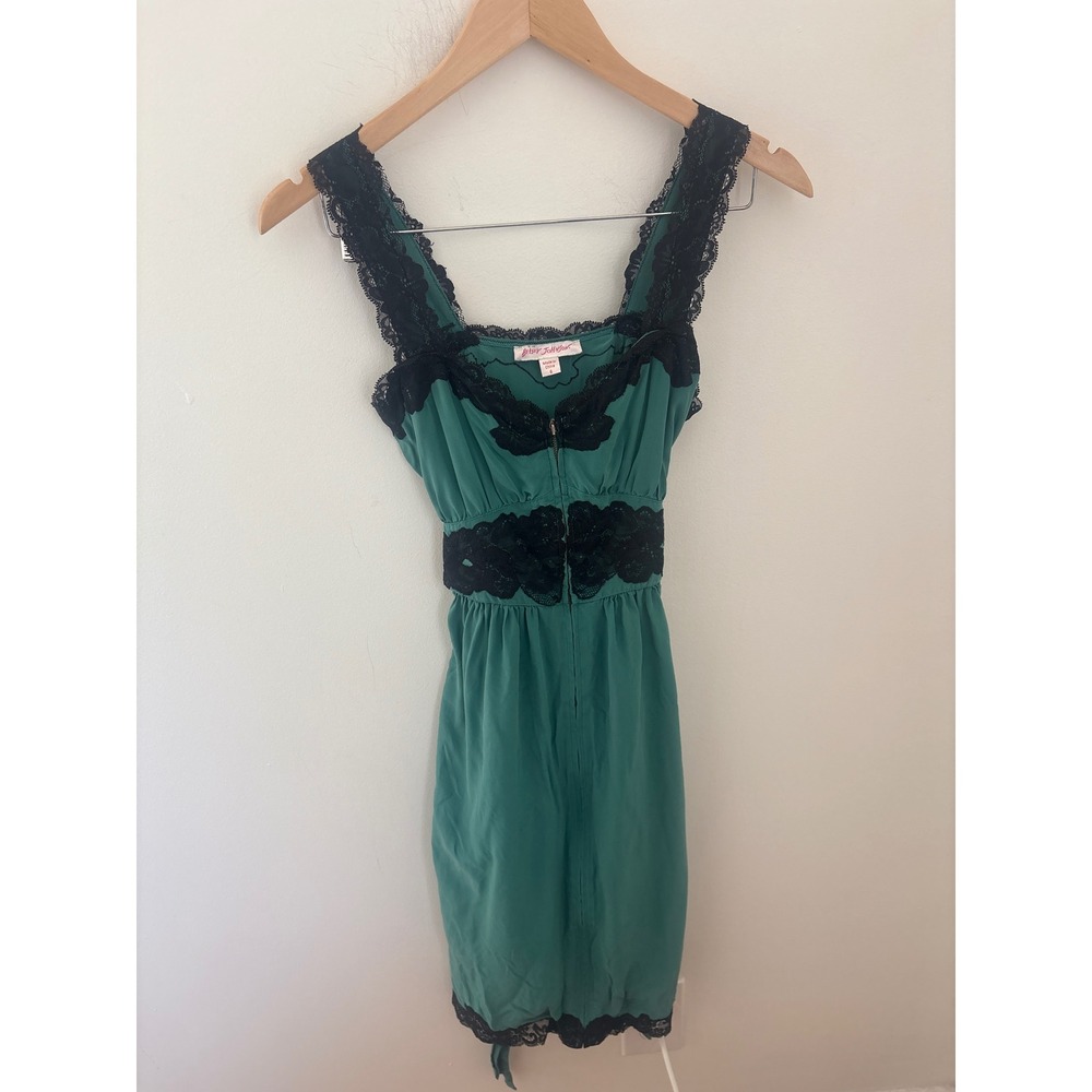 Betsey Johnson Silk Lace Trim Mini Dress Teal Green Black Floral Sz 6 Vintage